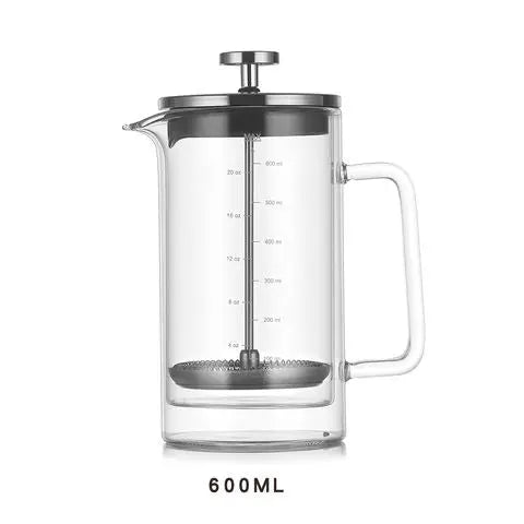 Modern glass french press.  French press with measurements. 