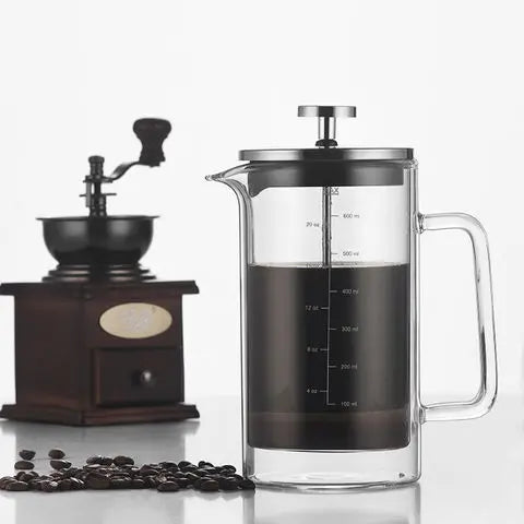 High end french press.  Modern french press.  Glass french press with measurements. 